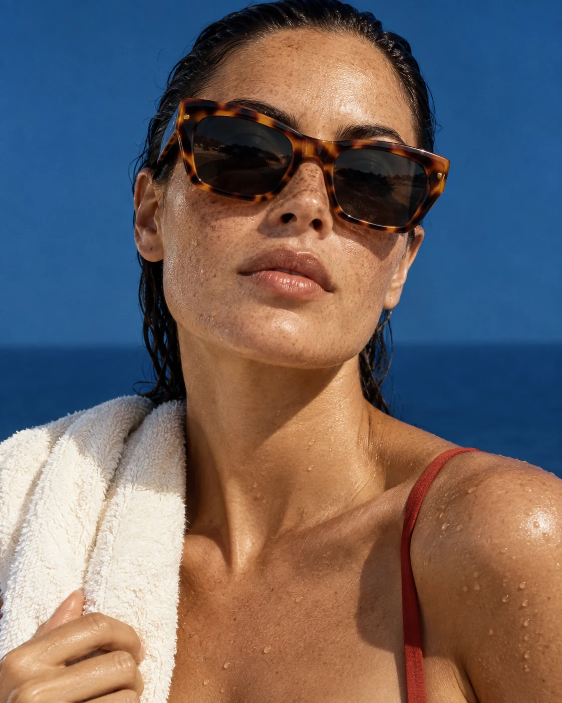 Daybreak sunglasses portrait with warm skin, ivory towel and summer light