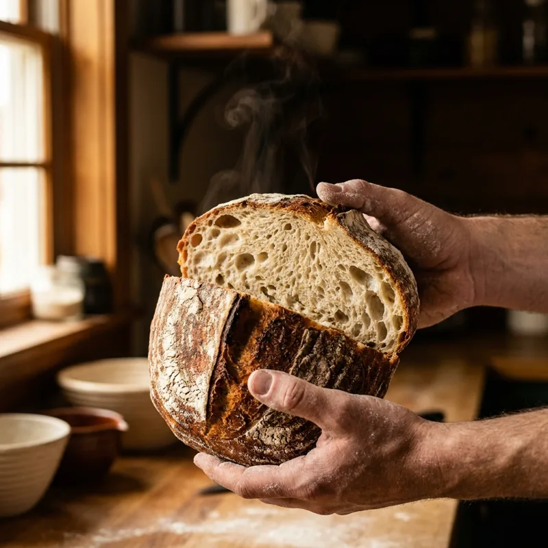 Generated ad visual — torn sourdough loaf steaming