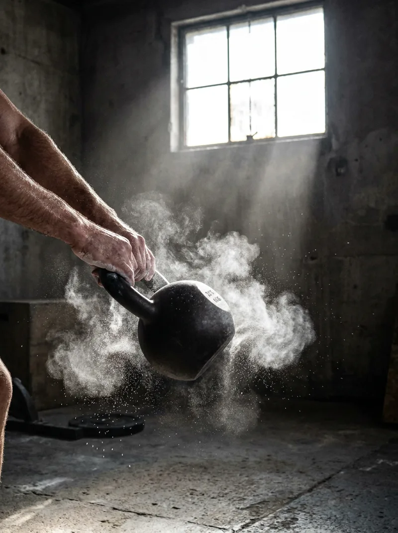 Generated ad visual — kettlebell swing in a chalk cloud
