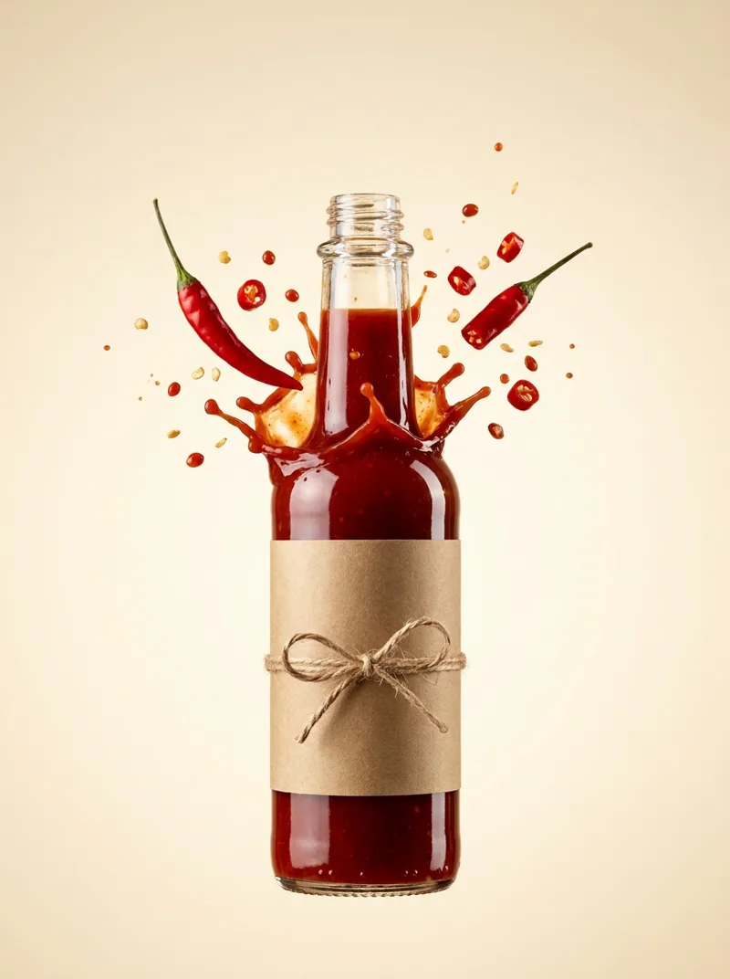 Generated ad visual — hot sauce bottle mid-splash