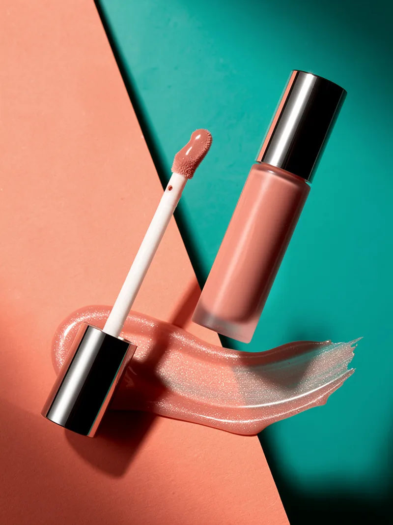 Generated ad visual — lip gloss on coral and teal color-block