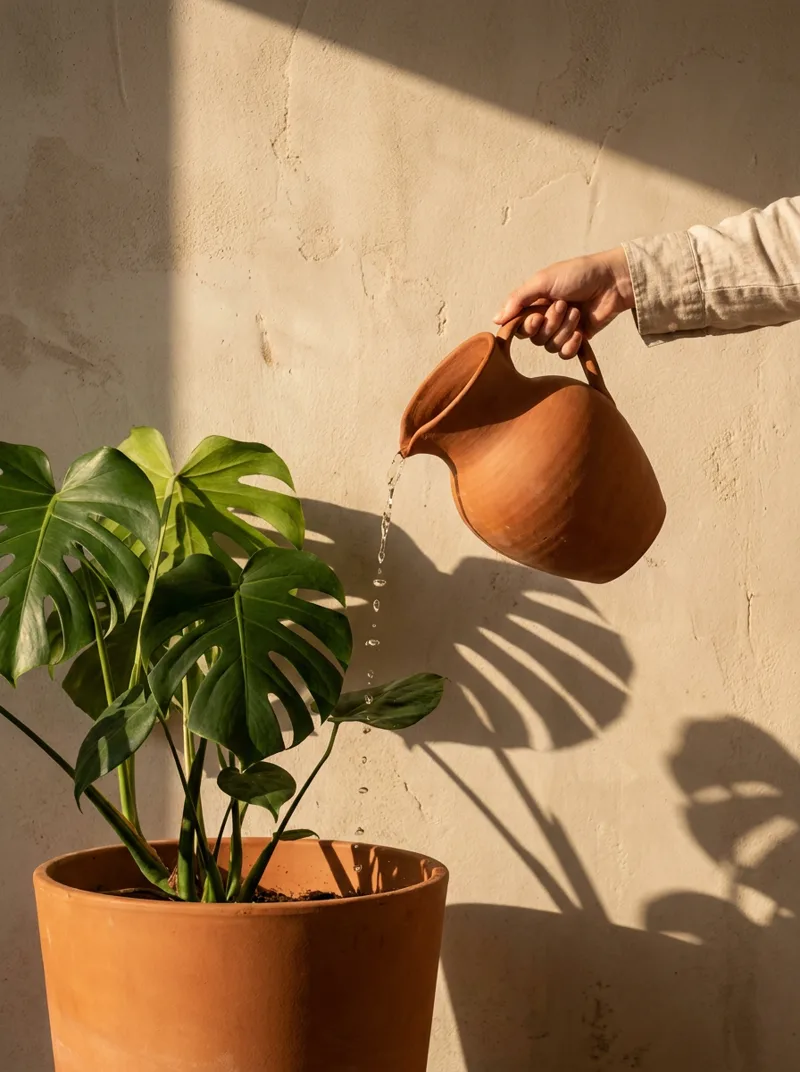 Generated ad visual — watering a monstera in terracotta