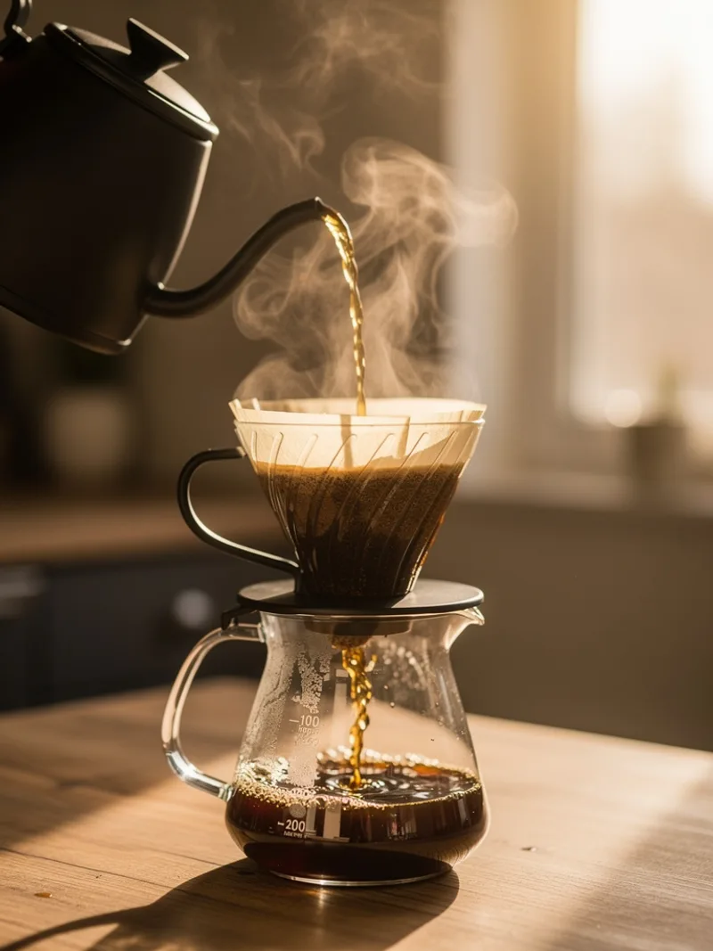 Generated ad visual — pour-over coffee brewing on a desk