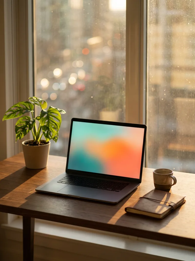 Generated ad visual — SaaS founder's desk at golden hour