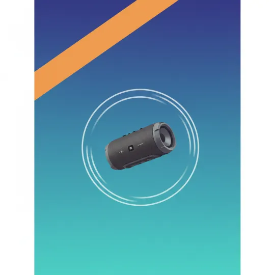 Generated ad visual — portable speaker on blue gradient
