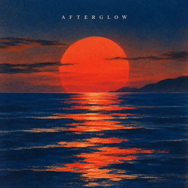 An AFTERGLOW album cover with a vermilion sun and grainy cobalt reflections.