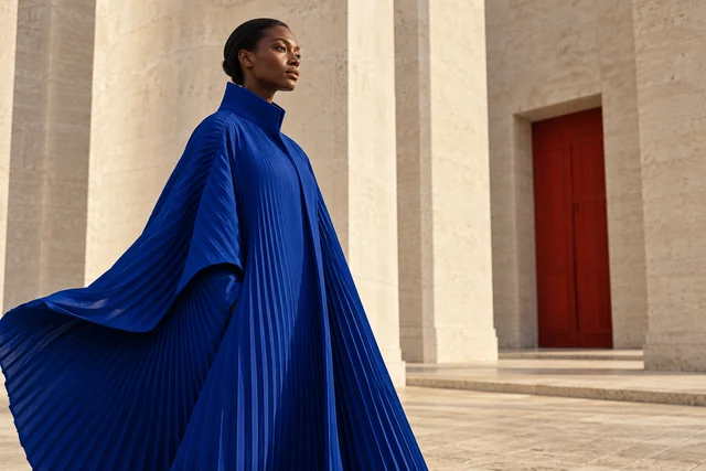 A cobalt pleated cape moves through warm limestone architecture in a fashion editorial.