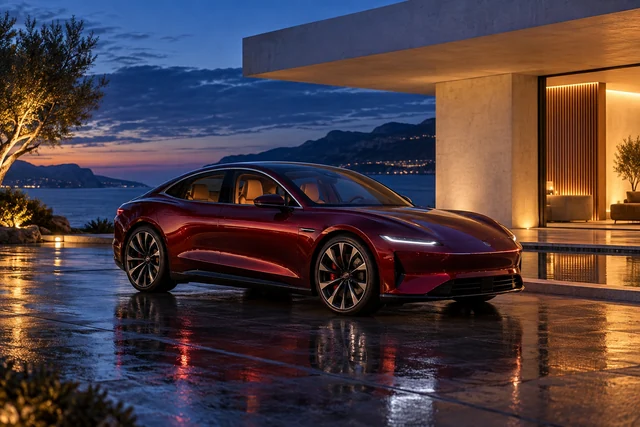 A burgundy grand tourer beside a modernist pavilion in the reflected light of blue hour.