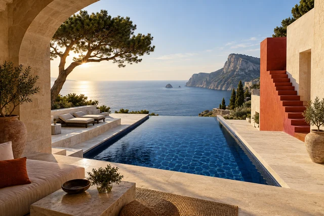 Ivory coastal architecture and a cobalt reflecting pool opening onto the sea.