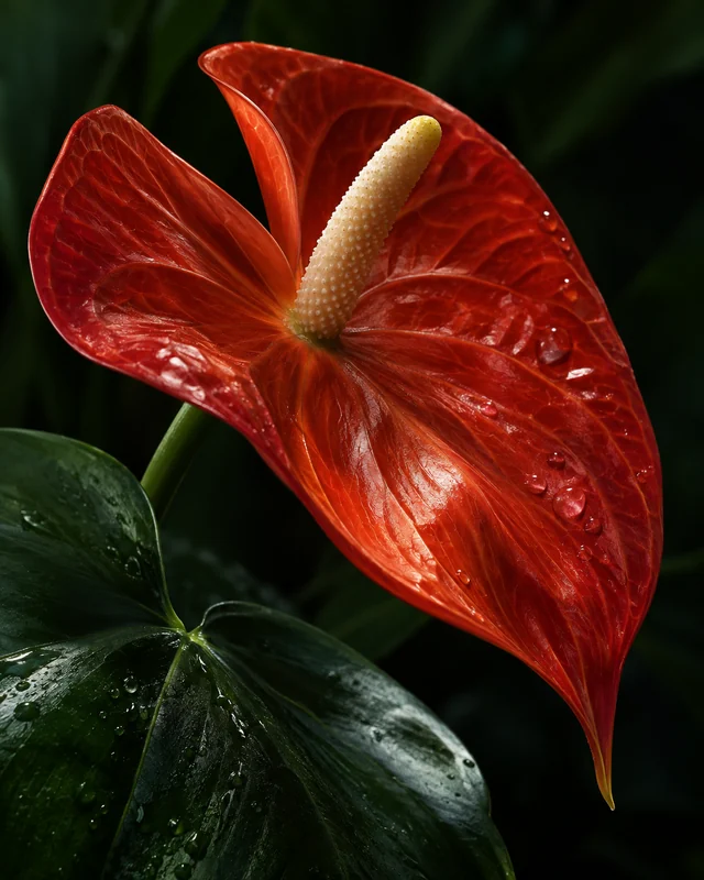 Water droplets on a vivid red anthurium against deep green foliage.