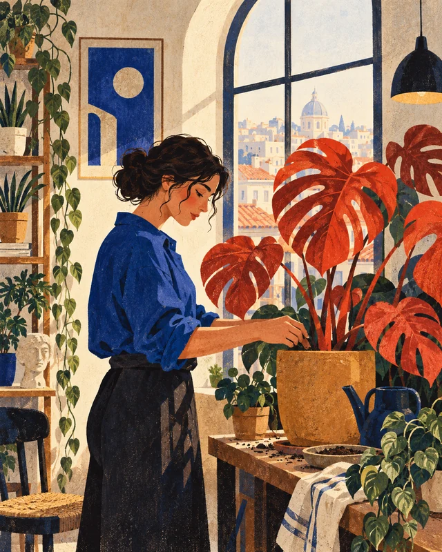 A botanist tending sculptural plants beside an arched window, in gouache and risograph textures.