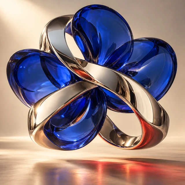 Liquid chrome ribbons and translucent cobalt petals floating above an ivory floor.