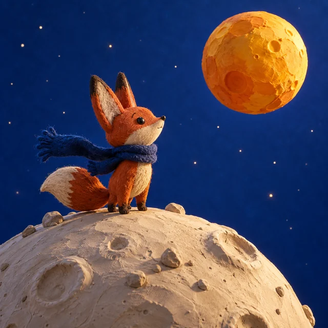 A handmade fox in a cobalt scarf explores an ivory clay moon beneath an orange planet.