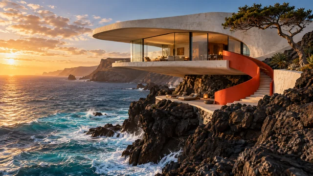 A sculptural ivory house and red spiral staircase above a volcanic coastline at sunset.