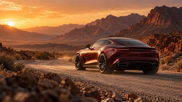 A sculptural burgundy grand tourer on a pale desert road beneath vast orange mountains in late sunlight.