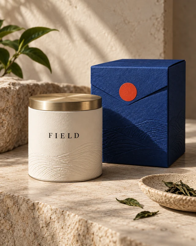 FIELD tea packaging in embossed ivory, cobalt paper and a vermilion seal.
