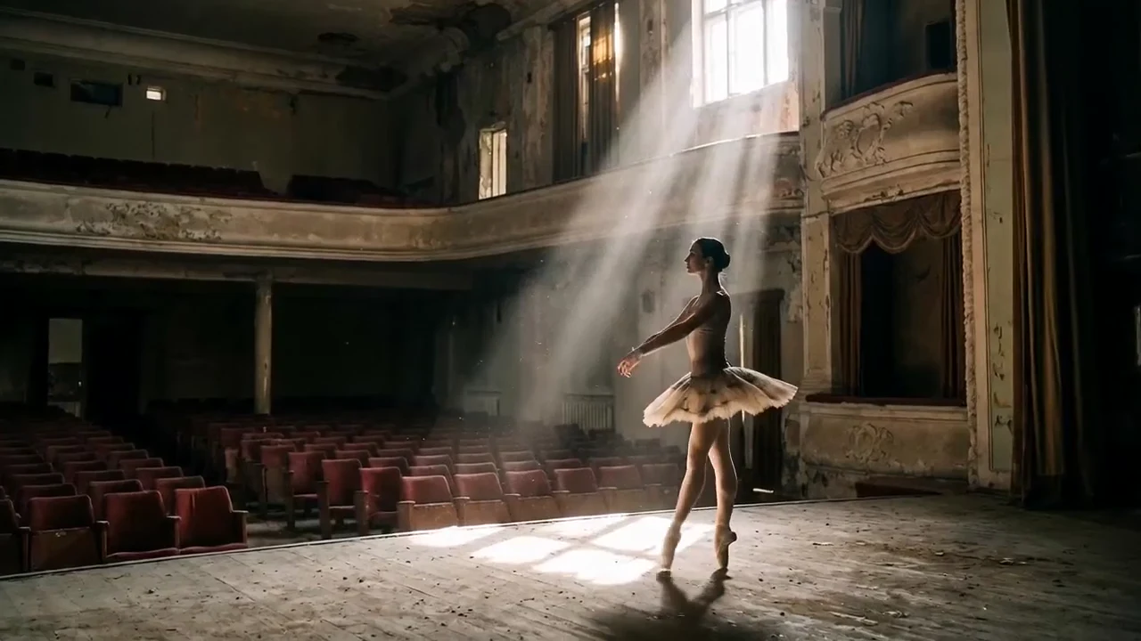 A ballerina in a shaft of morning light inside an empty theatre