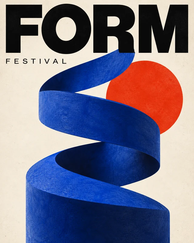 A graphic arts poster with bold FORM typography, a cobalt spiral and a vermilion circle.