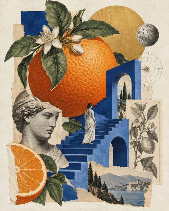 Botanical engravings, a giant orange, and cobalt architectural stairs form a surreal collage on textured ivory paper.