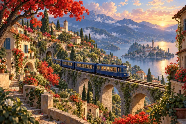 A cobalt train crossing a garden valley in a hand-painted animated-film world.