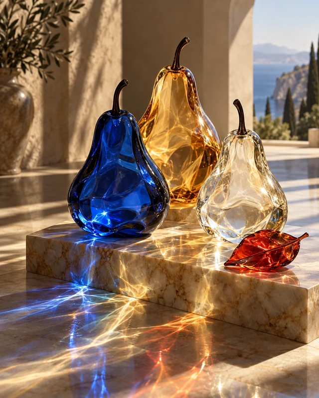 Translucent glass pears casting cobalt and amber caustics across cream marble.