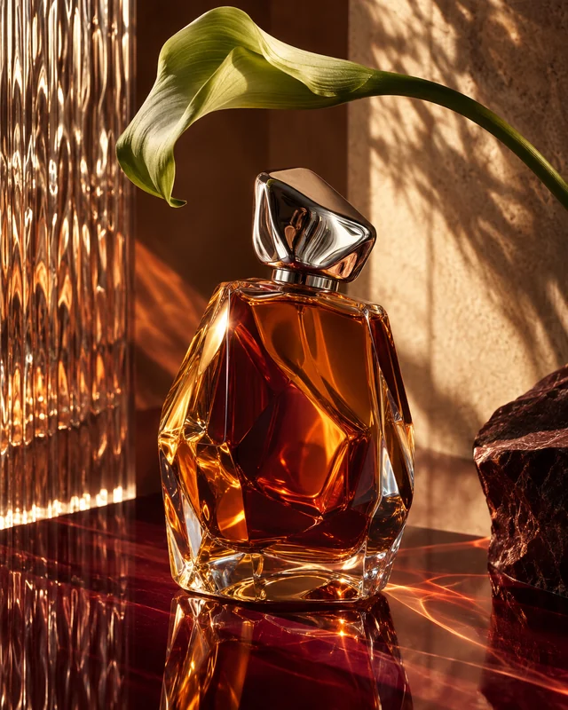 Faceted amber perfume, polished chrome, and sculptural green foliage in warm light.
