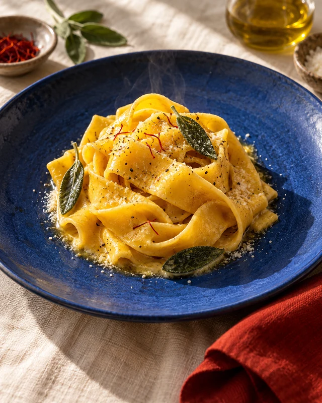 Handmade saffron pasta on cobalt ceramics with warm window light and ivory linen.