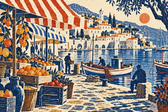 A Mediterranean harbour market rendered in carved cobalt and vermilion linocut textures.