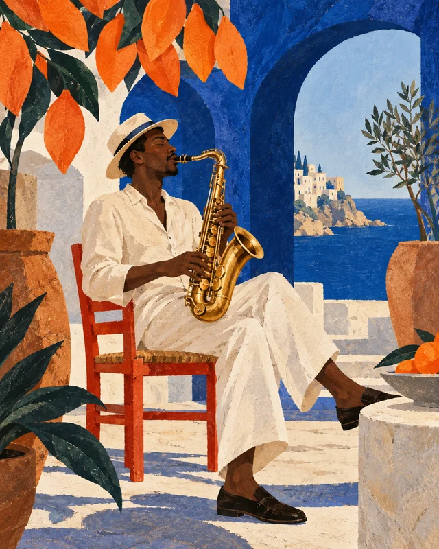 A saxophonist in an ivory suit among blue arches, orange foliage, and a vermilion chair.