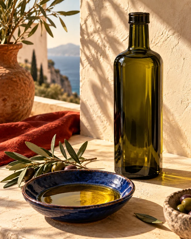 Olive-green glass, golden olive oil and cobalt ceramics in warm Mediterranean light.