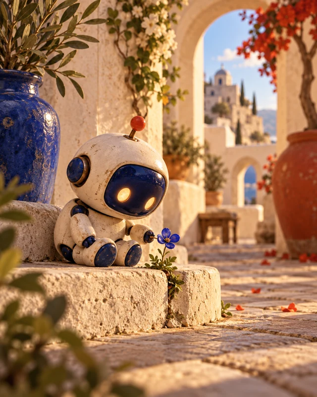 An ivory ceramic robot discovering a tiny cobalt flower in a sunlit courtyard.