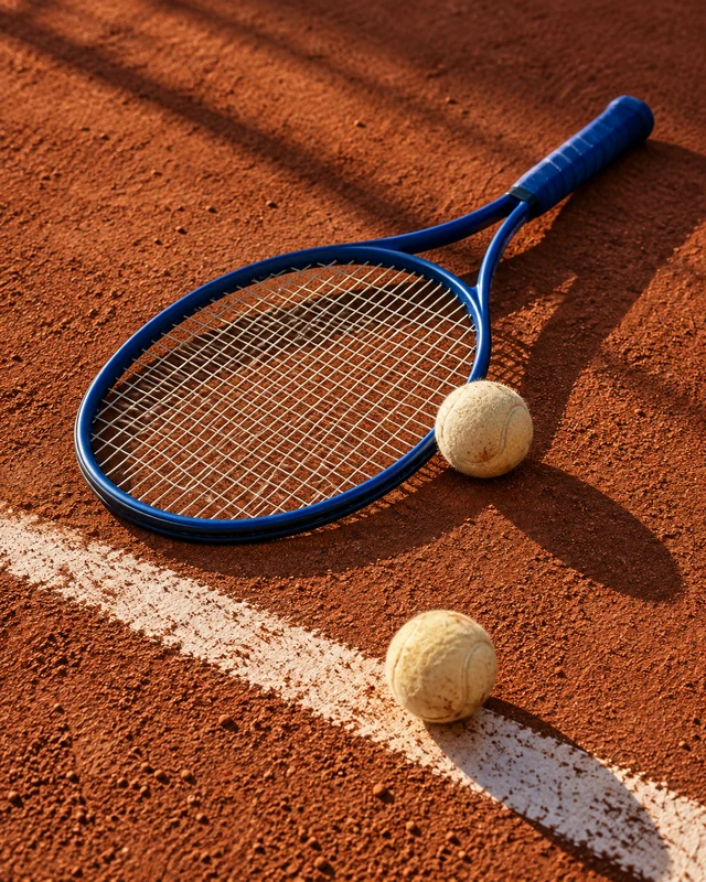 A cobalt tennis racket and ivory tennis balls on sunlit vermilion clay.