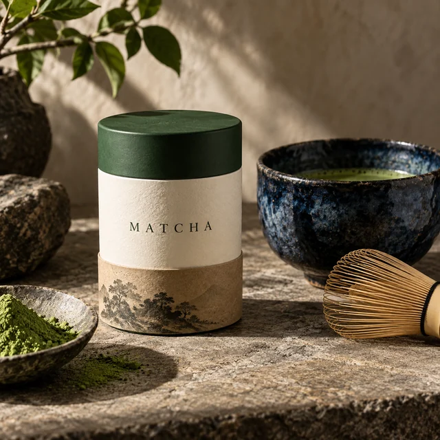 An ivory MATCHA canister with a green lid, cobalt tea bowl, and bamboo whisk arranged on warm stone.