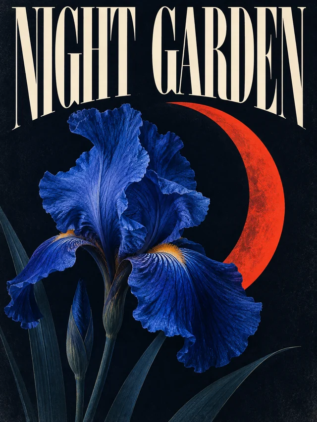 A botanical arts poster with NIGHT GARDEN typography, an electric-blue iris, and a vermilion crescent on deep navy.