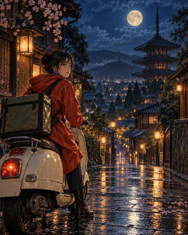 A courier in a vermilion raincoat pauses on an ivory scooter on a rain-lit street beneath a glowing moon.
