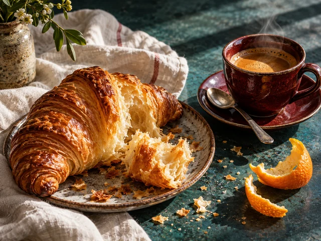 A flaky croissant, burgundy espresso cup, and orange peel on a sunlit teal table.