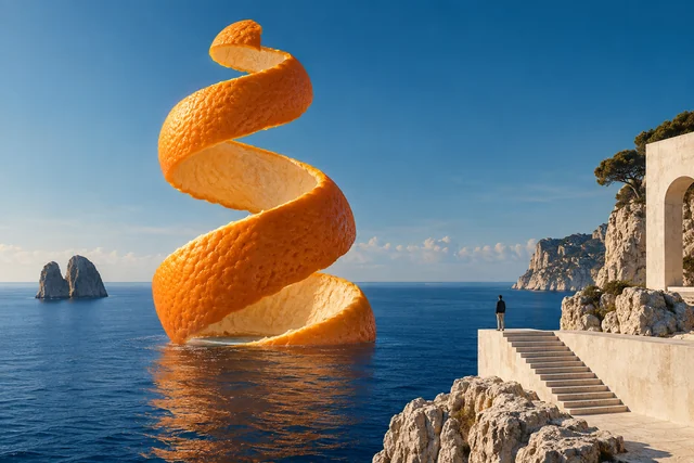 A monumental spiral of orange peel rises from a Mediterranean sea beside tiny ivory stairs.