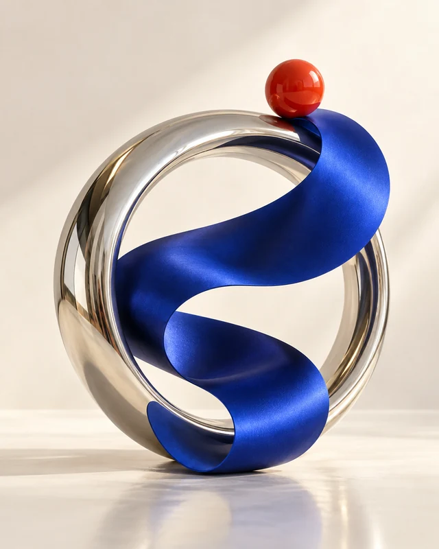 Cobalt, silver and vermilion balanced in a sculptural study of orbit and reflection.