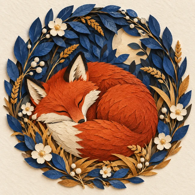 A vermilion fox sleeping among cobalt leaves in a tactile layered-paper illustration.