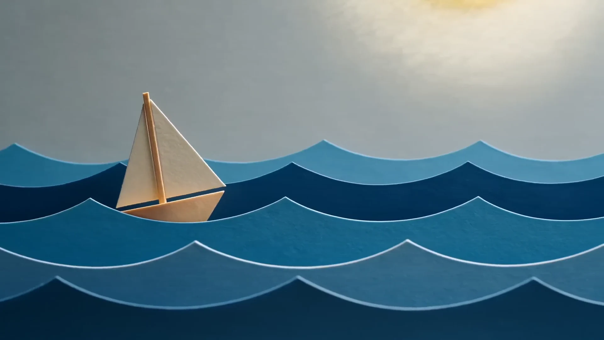 A paper sailboat travels across layered blue waves beneath a bright sun. Silent animation.