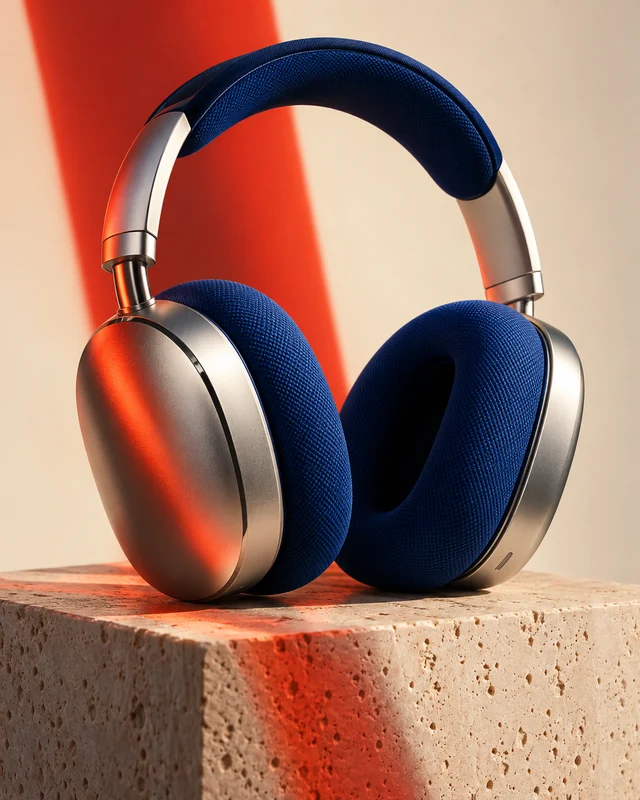 Satin-aluminum headphones with cobalt cushions and a vermilion reflection on pale travertine.