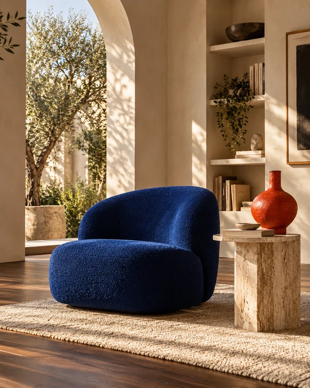 Cobalt wool, travertine and warm plaster in a sunlit reading room.