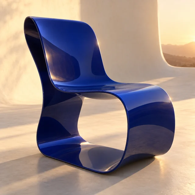 A sculptural chair folded from a continuous glossy ultramarine ribbon on an ivory ground in raking sunlight.