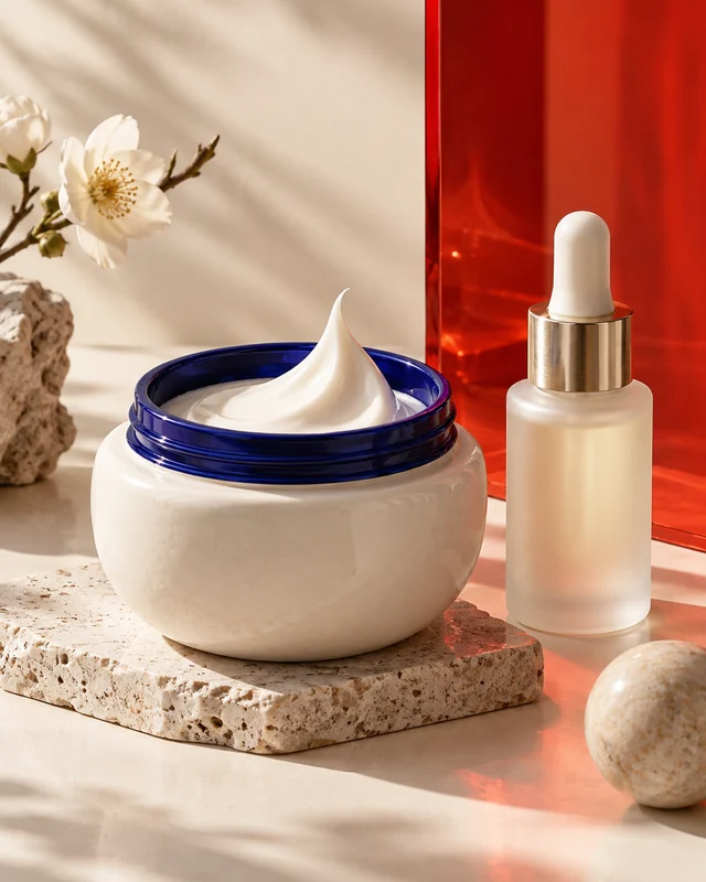Ivory porcelain, frosted glass and sculptural cream in a skincare still life.
