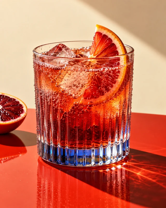 Blood-orange soda, sparkling bubbles and ribbed crystal with crisp cobalt reflections.