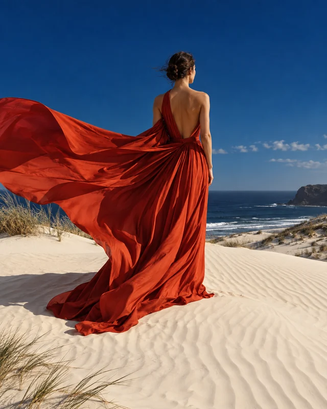 Vermilion silk caught in the wind above pale dunes and a cobalt sky.